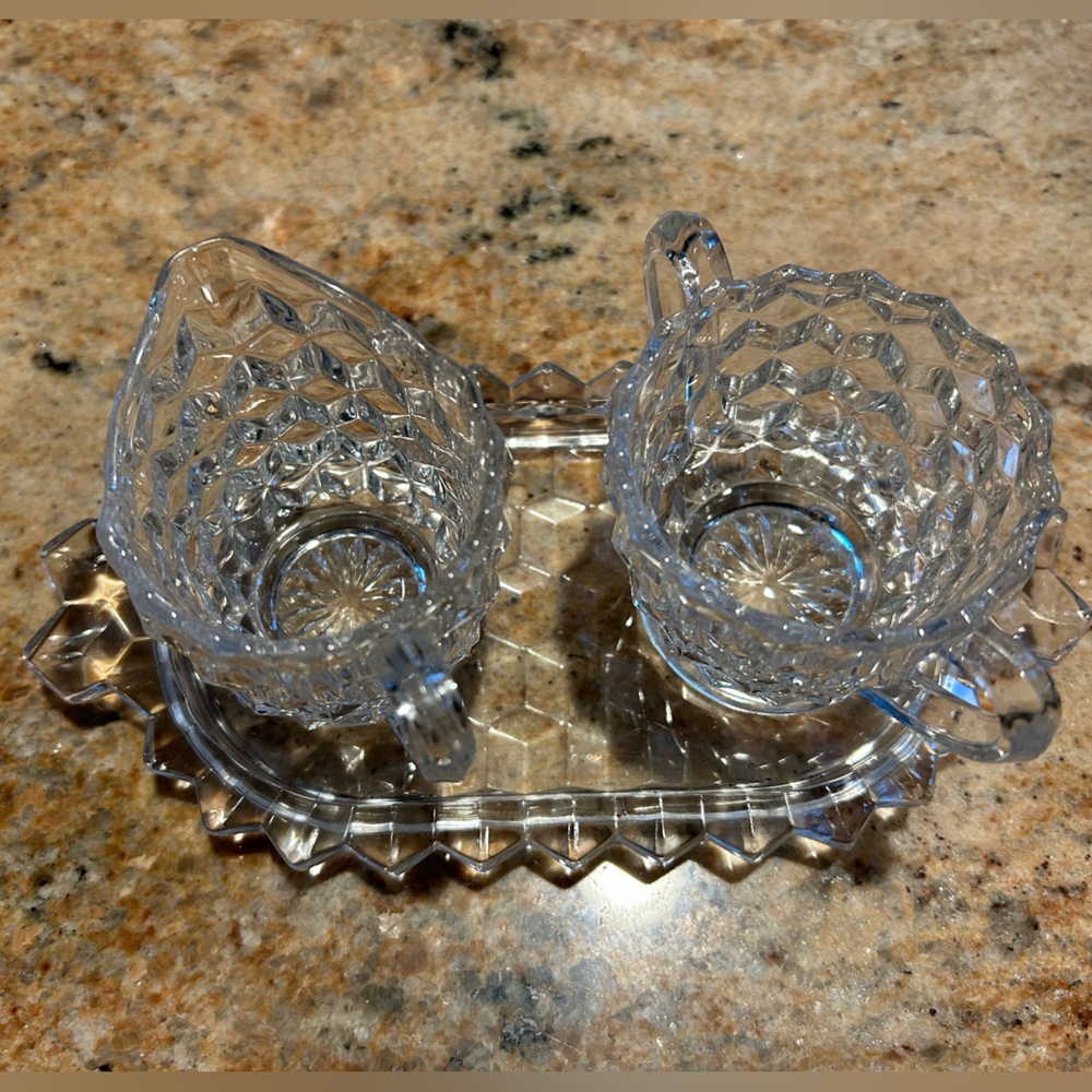 Fostoria American Clear Cut Glass Mini Creamer/Sugar Bowl & Tray Cube Design Vtg